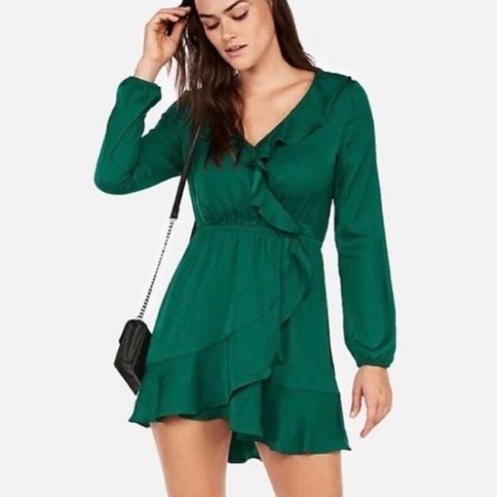Express Green Long-Sleeve Ruffled Mini Wrap Dress